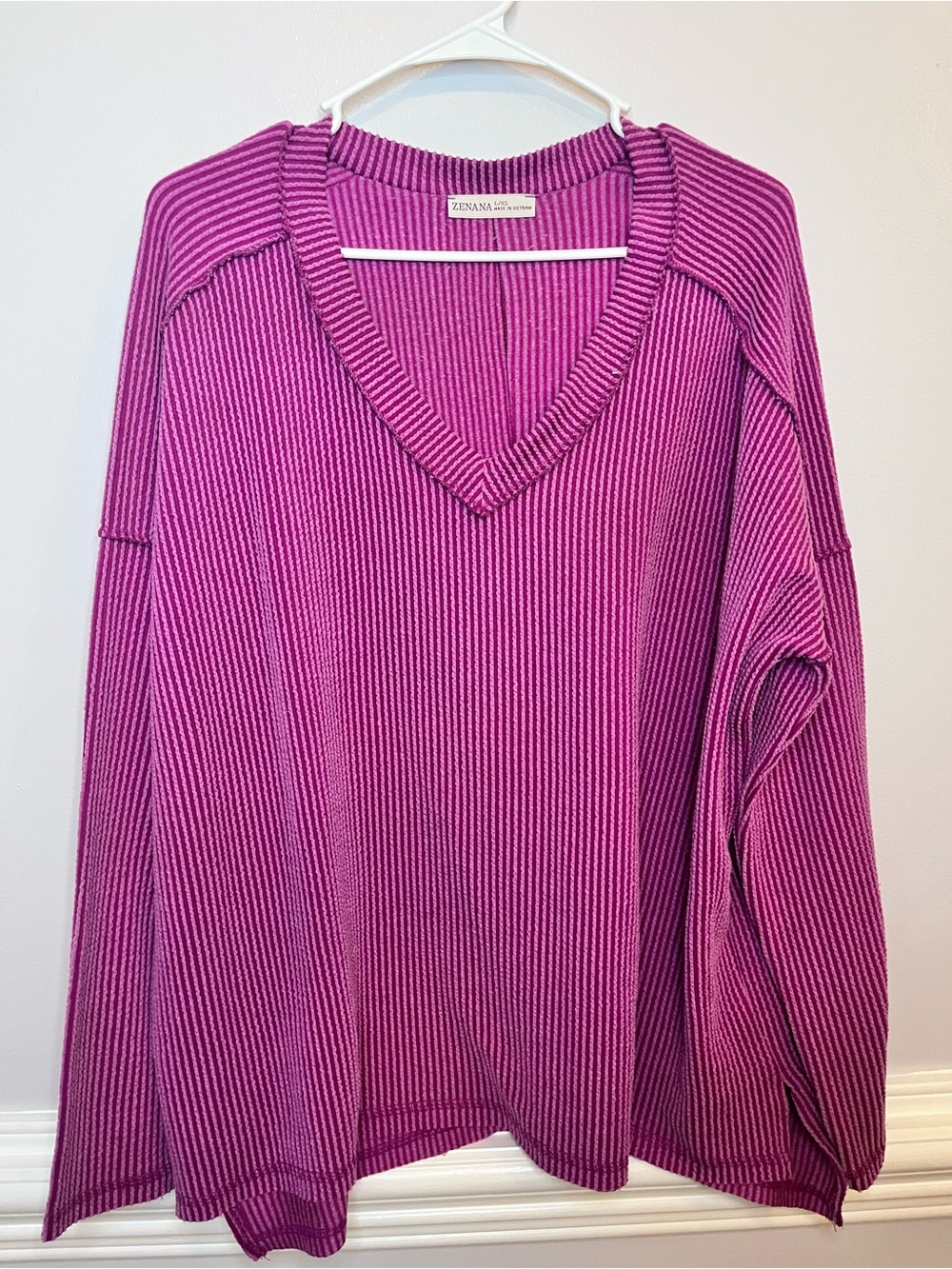Zenana Outfitters V-Neck Ribbed Sweater - Fuchsia